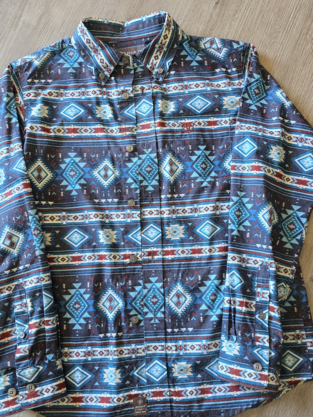 Ariat Boys Sz Med Turquoise & Brown Southwestern Button-Down Shirt